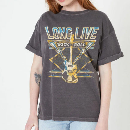 Rock and roll tee in vintage black with a yellow guitar graphic made with soft distressed cotton. 