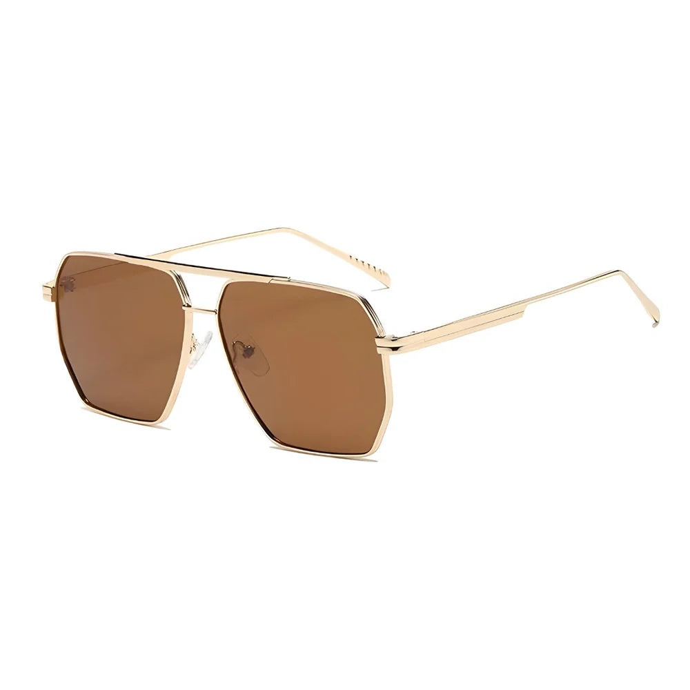 Comfortable and lightweight gold rimmed aviator sunglasses with an angled brown lens 