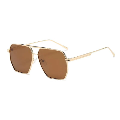 Comfortable and lightweight gold rimmed aviator sunglasses with an angled brown lens 