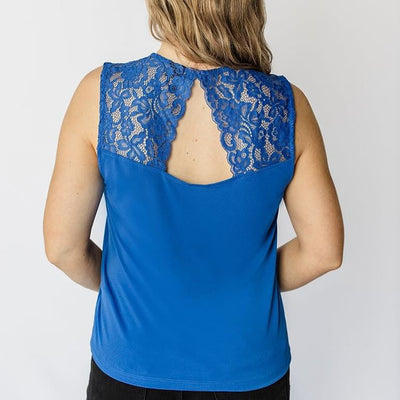 Comfortable blue tank with lace detailing on the back 