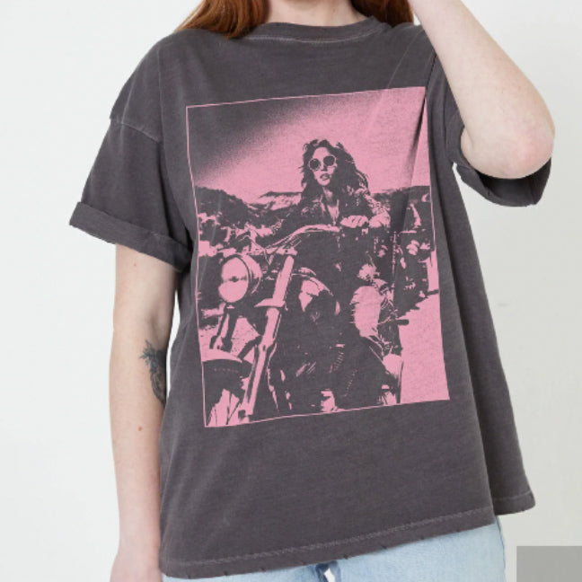 Vintage black Rider boyfriend tee with a pink motorcycle graphic 