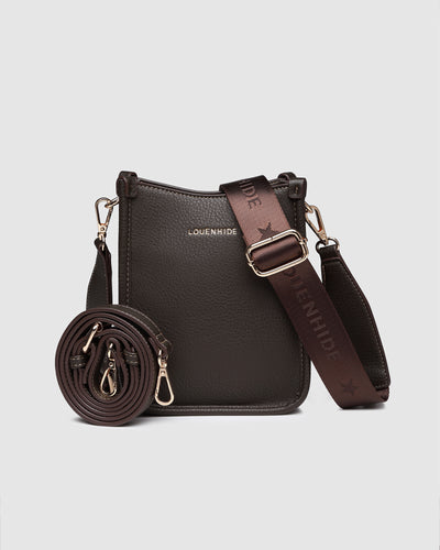 Chocolate brown coloured crossbody bag with a vegan leather strap and a nylon strap 