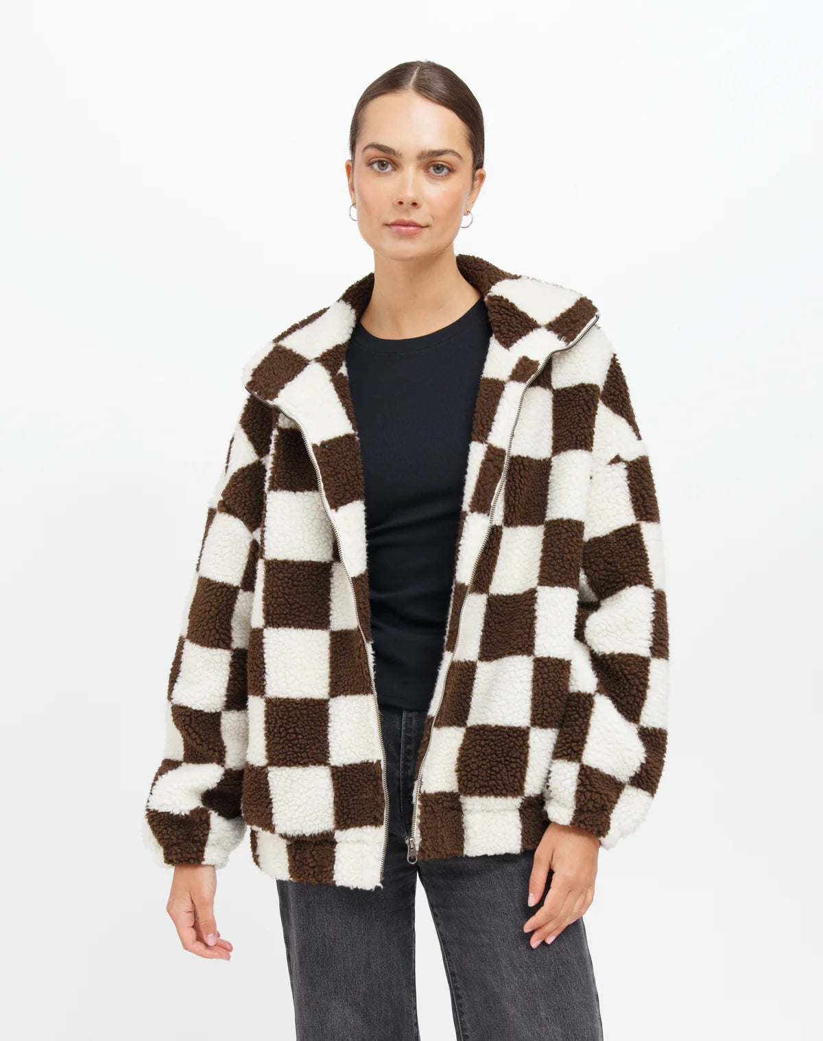 Brunette the Label Chocolate checkerboard Sherpa jacket available in plus size 