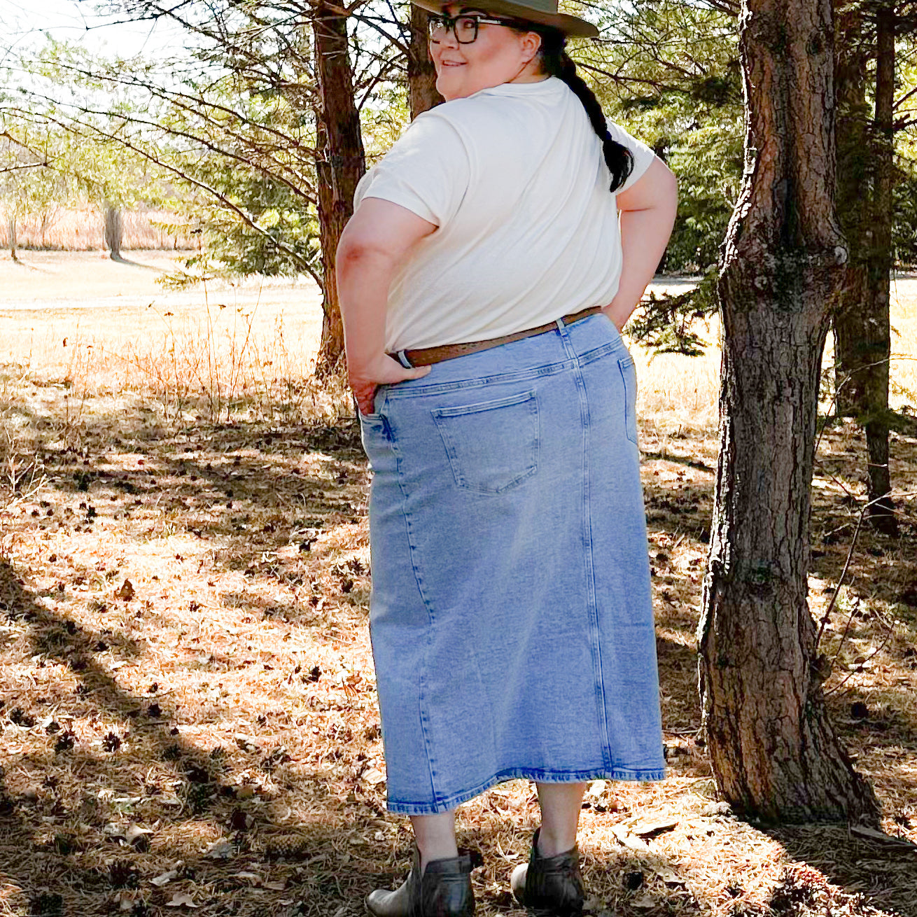 Plus size denim maxi skirt and graphic tee 