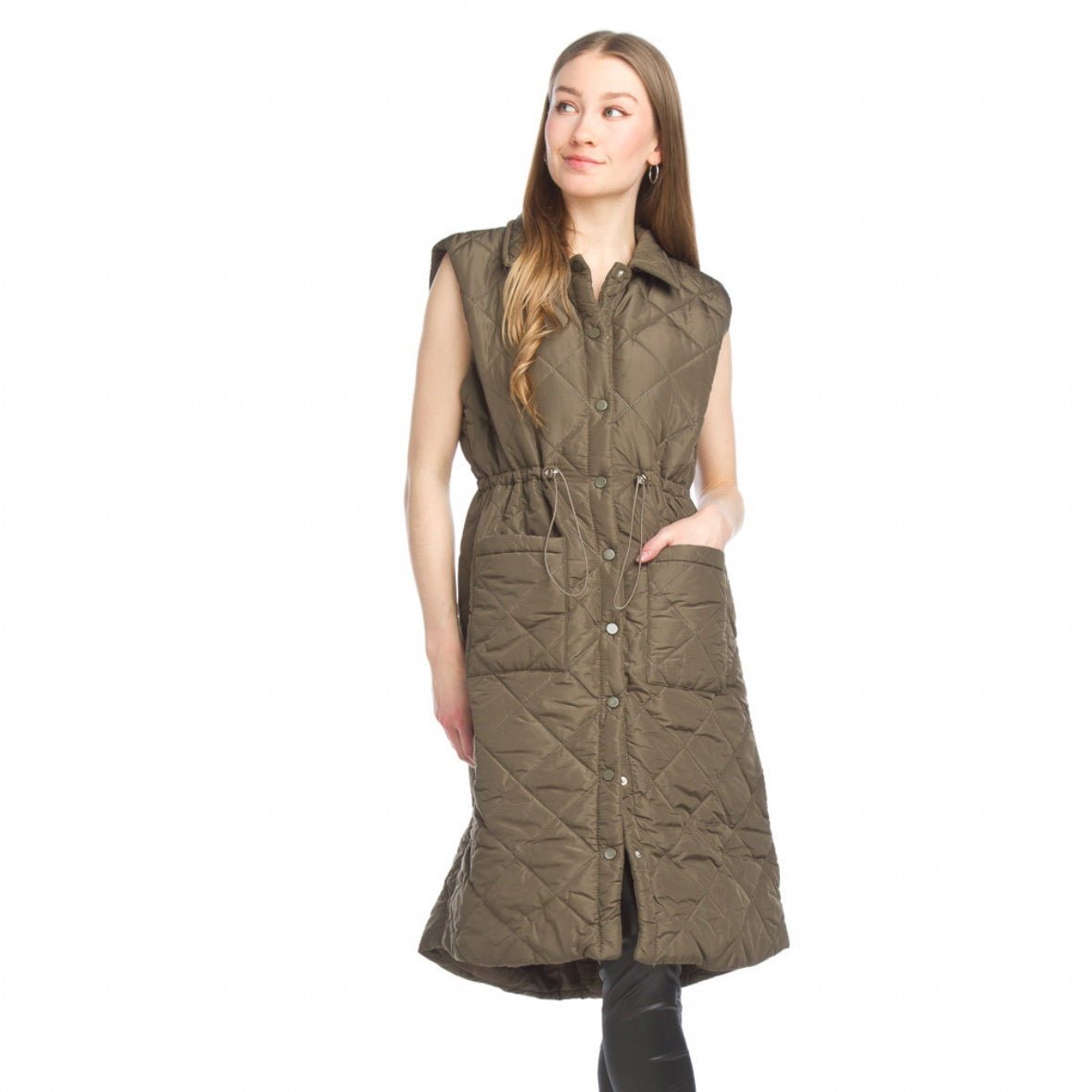 Cozy khaki coloured long quilted puffer vest 