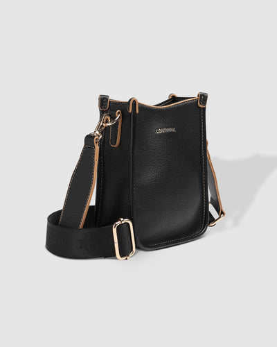 Black crossbody with a black vegan leather strap and a nylon strap 