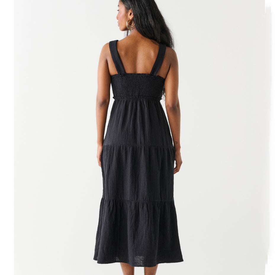 Black midi dress with a smocked back 