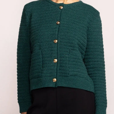 Comfortable and cozy Green cardigan with front patch pockets and good buttons . 