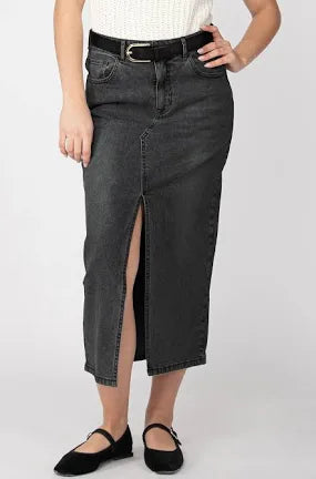  Black washed denim belted midi skirt with a front slit 