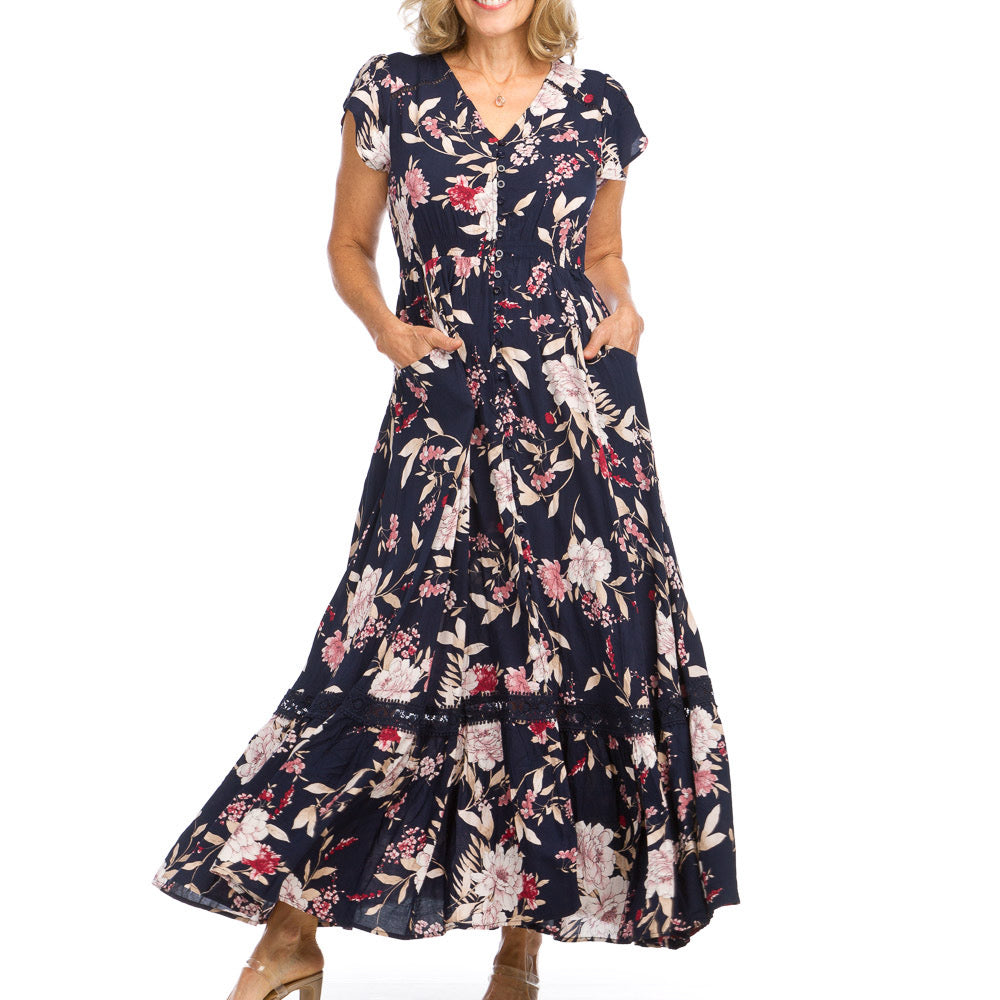 Maxi dress with a floral print on a navy background 
