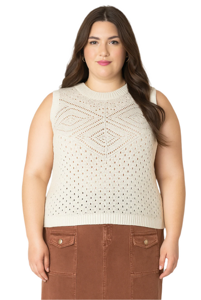 plus size Woman wearing a beige sleeveless open knitted patterned top 